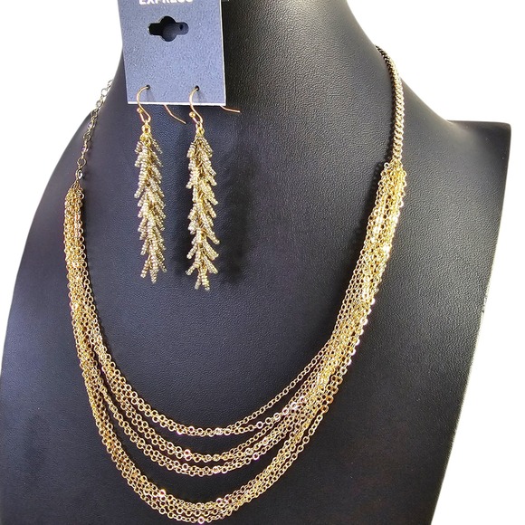 Express Gold Tone Multi Strand‎ Necklace and Beaded Dangle Earrings Set NWOT - Picture 3 of 6